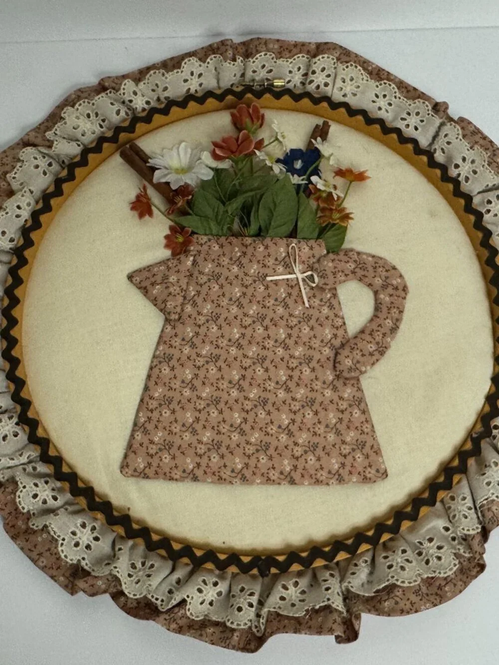 Vintage 70s Handmade Applique Hoop Wall Decor Floral Grandma Retro 16